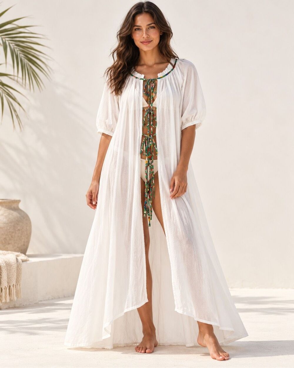 Rhode Target White Swim Cover Up Dress Large Cotton Blend Tie Front Caftan Maxi